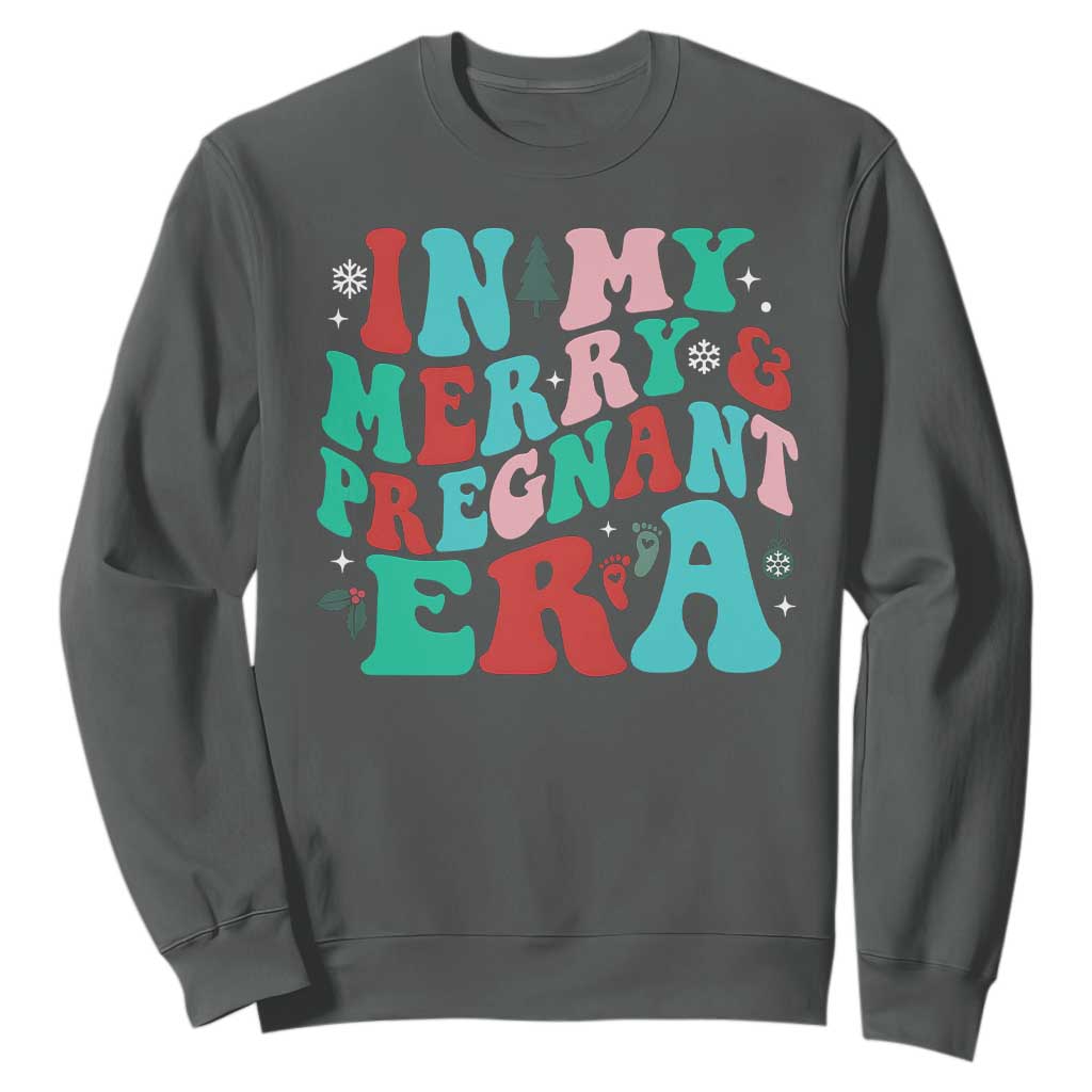 Christmas Pregnancy Announcement Sweatshirt Merry & Pregnant Era Cute Groovy Christmas Holiday Xmas TS10 Dark Heather Print Your Wear