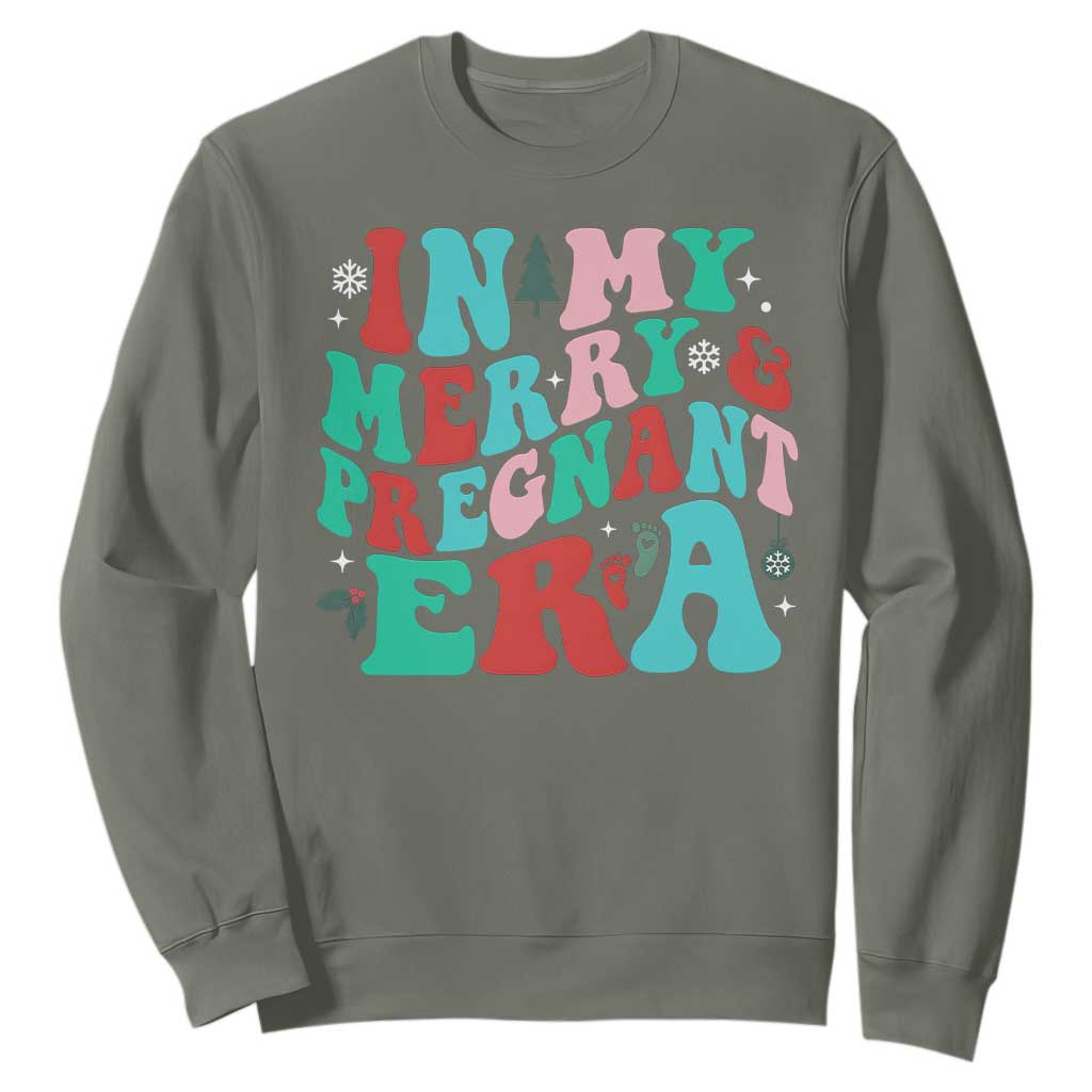 Christmas Pregnancy Announcement Sweatshirt Merry & Pregnant Era Cute Groovy Christmas Holiday Xmas TS10 Military Green Print Your Wear