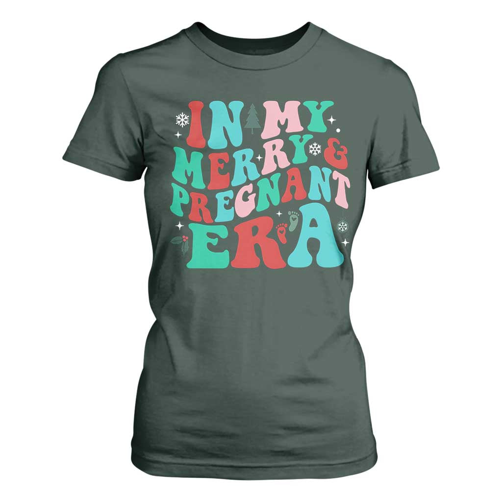 Christmas Pregnancy Announcement T Shirt For Women Merry & Pregnant Era Cute Groovy Christmas Holiday Xmas TS10 Dark Forest Green Print Your Wear