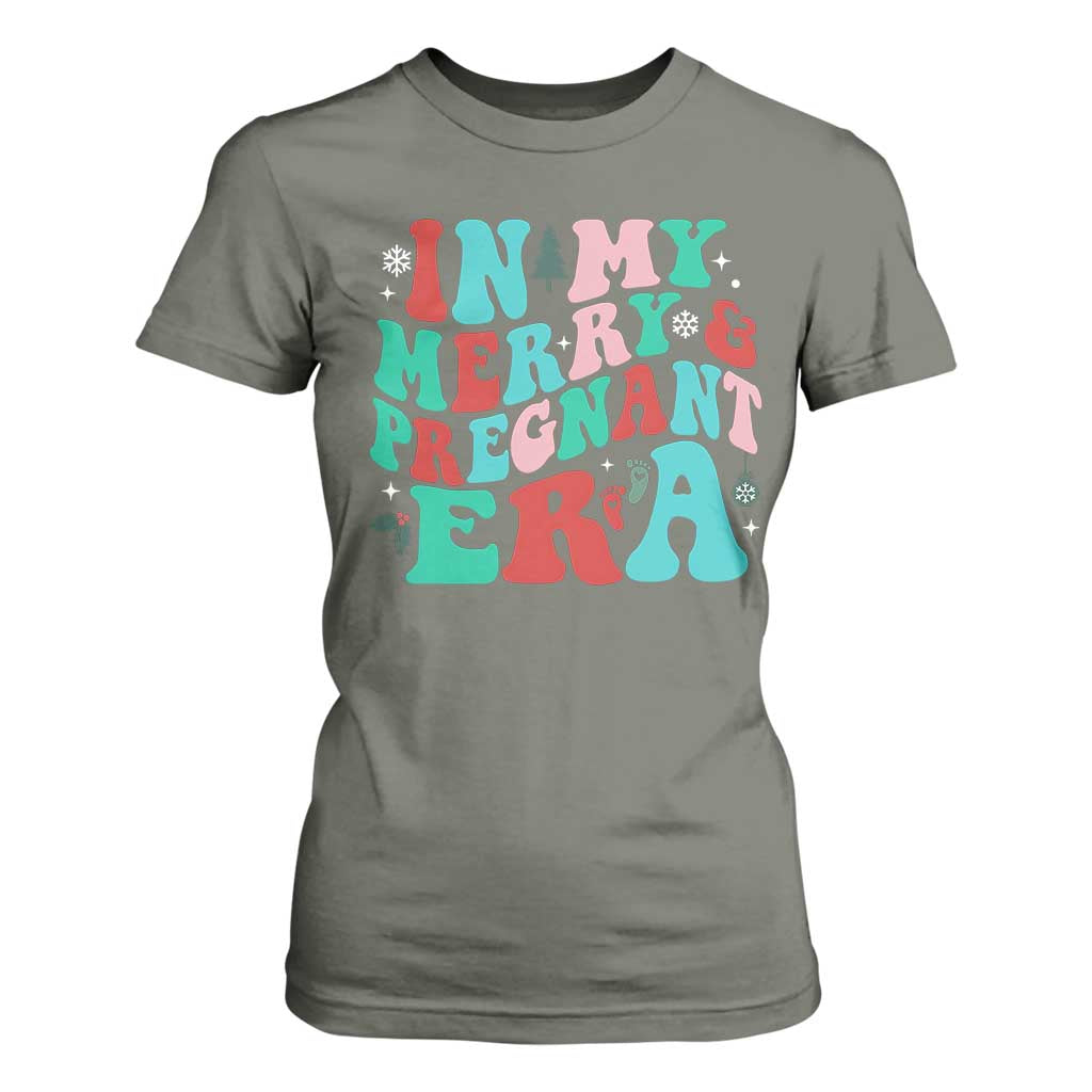Christmas Pregnancy Announcement T Shirt For Women Merry & Pregnant Era Cute Groovy Christmas Holiday Xmas TS10 Military Green Print Your Wear