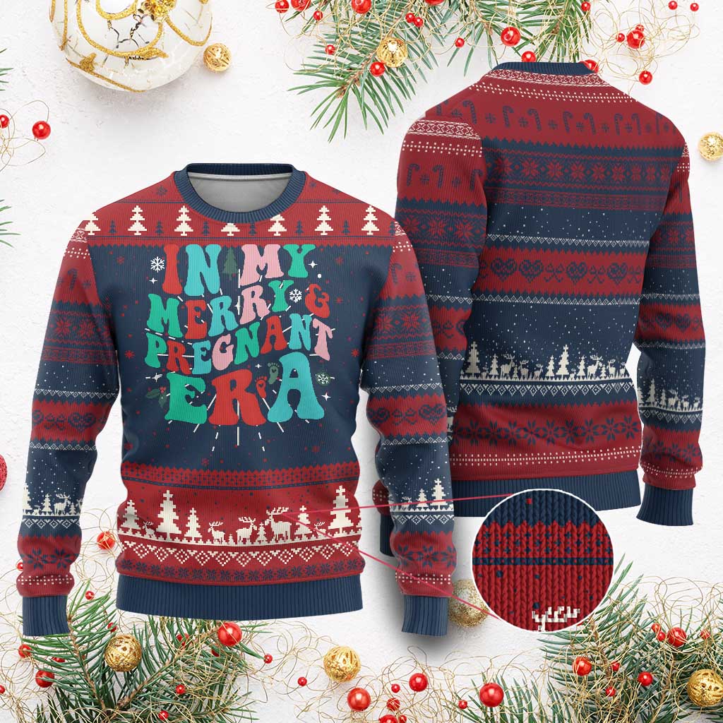 Pregnancy Announcement Ugly Christmas Sweater Merry & Pregnant Era Cute Groovy Christmas Holiday Xmas TS10 Burgundy Print Your Wear