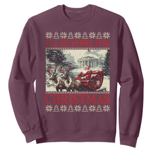 Funny Trump Christmas Sweatshirt I'll Be Home For Christmas Ugly Xmas Santa Trump Riding Sleigh TS10 Maroon Print Your Wear