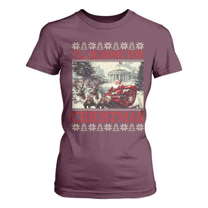 Funny Trump Christmas T Shirt For Women I'll Be Home For Christmas Ugly Xmas Santa Trump Riding Sleigh TS10 Maroon Print Your Wear