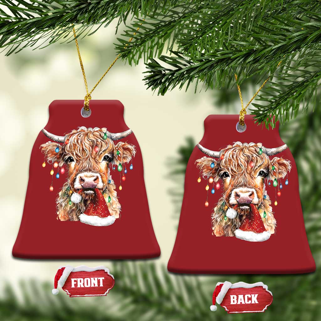 Xmas Cow Christmas Ornament Highland Cow Lights Santa Hats Farm Xmas TS10 Bell Flake Red Print Your Wear