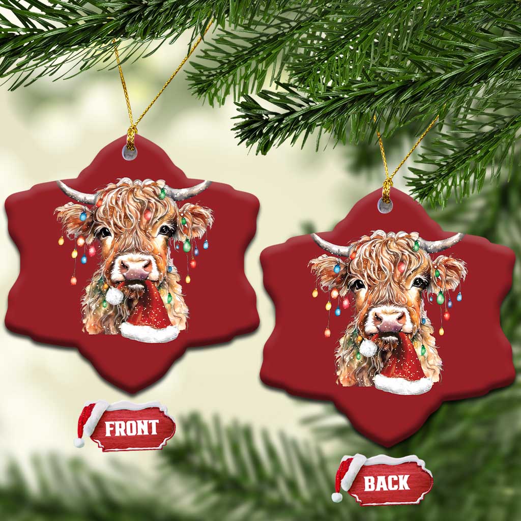 Xmas Cow Christmas Ornament Highland Cow Lights Santa Hats Farm Xmas TS10 Snow Flake Red Print Your Wear