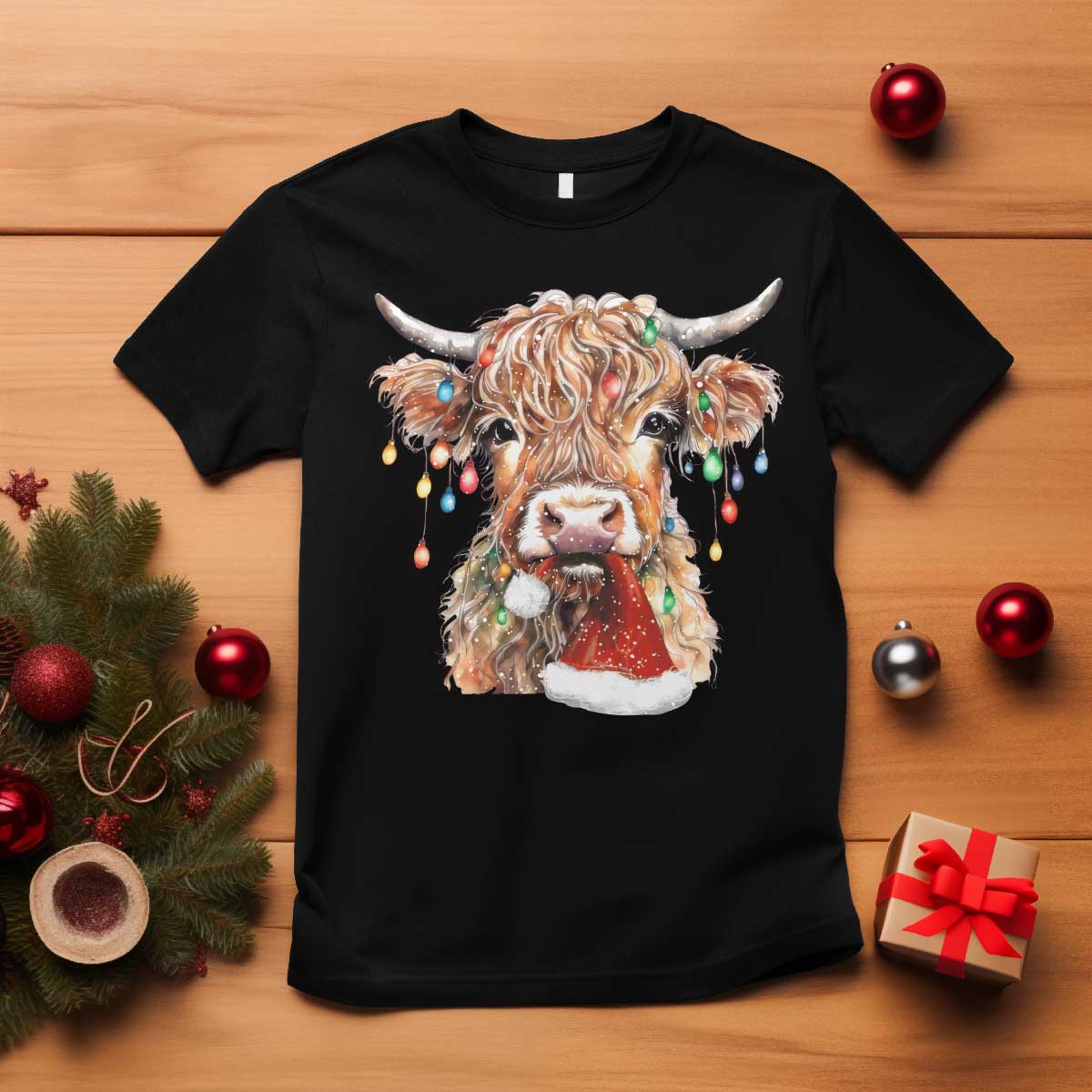 Christmas Cow T Shirt Highland Cow Lights Santa Hats Farm Xmas TS10 Black Print Your Wear