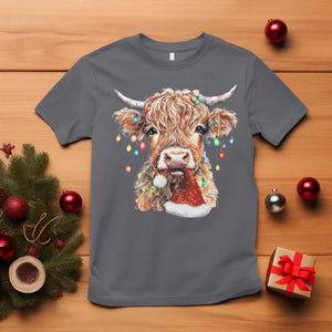 Christmas Cow T Shirt Highland Cow Lights Santa Hats Farm Xmas TS10 Charcoal Print Your Wear