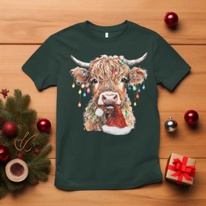 Christmas Cow T Shirt Highland Cow Lights Santa Hats Farm Xmas TS10 Dark Forest Green Print Your Wear