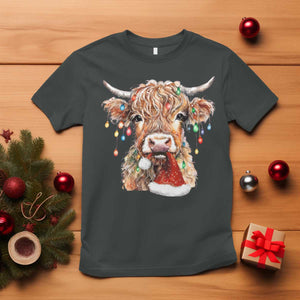 Christmas Cow T Shirt Highland Cow Lights Santa Hats Farm Xmas TS10 Dark Heather Print Your Wear