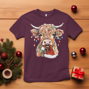 Christmas Cow T Shirt Highland Cow Lights Santa Hats Farm Xmas TS10 Maroon Print Your Wear