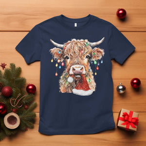 Christmas Cow T Shirt Highland Cow Lights Santa Hats Farm Xmas TS10 Navy Print Your Wear