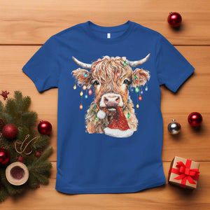 Christmas Cow T Shirt Highland Cow Lights Santa Hats Farm Xmas TS10 Royal Blue Print Your Wear