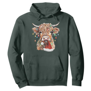 Christmas Cow Hoodie Highland Cow Lights Santa Hats Farm Xmas TS10 Dark Forest Green Print Your Wear