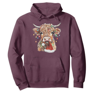 Christmas Cow Hoodie Highland Cow Lights Santa Hats Farm Xmas TS10 Maroon Print Your Wear