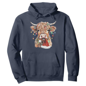 Christmas Cow Hoodie Highland Cow Lights Santa Hats Farm Xmas TS10 Navy Print Your Wear
