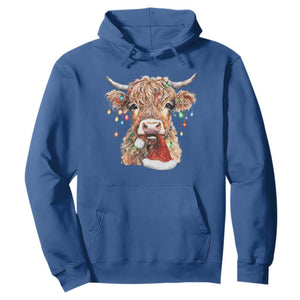 Christmas Cow Hoodie Highland Cow Lights Santa Hats Farm Xmas TS10 Royal Blue Print Your Wear