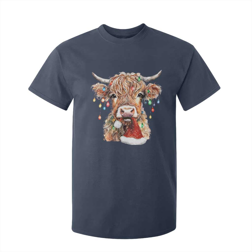 Christmas Cow T Shirt For Kid Highland Cow Lights Santa Hats Farm Xmas TS10 Navy Print Your Wear