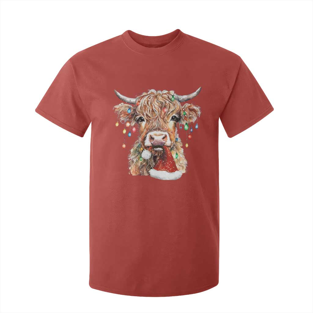 Christmas Cow T Shirt For Kid Highland Cow Lights Santa Hats Farm Xmas TS10 Red Print Your Wear