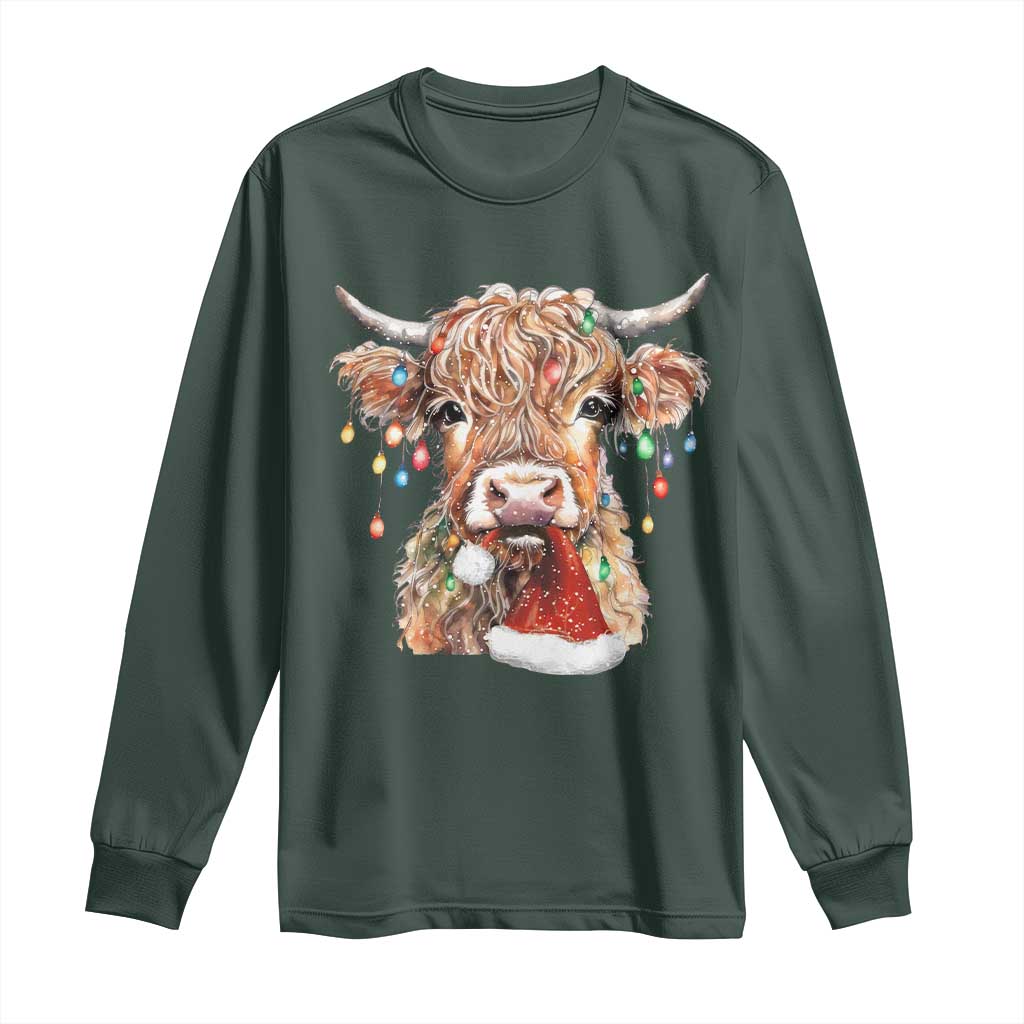 Christmas Cow Long Sleeve Shirt Highland Cow Lights Santa Hats Farm Xmas TS10 Dark Forest Green Print Your Wear