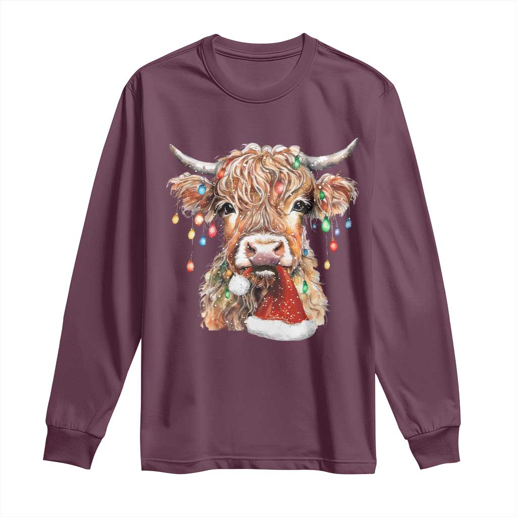 Christmas Cow Long Sleeve Shirt Highland Cow Lights Santa Hats Farm Xmas TS10 Maroon Print Your Wear