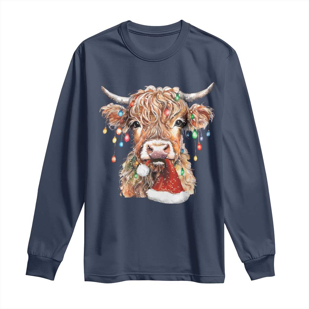 Christmas Cow Long Sleeve Shirt Highland Cow Lights Santa Hats Farm Xmas TS10 Navy Print Your Wear