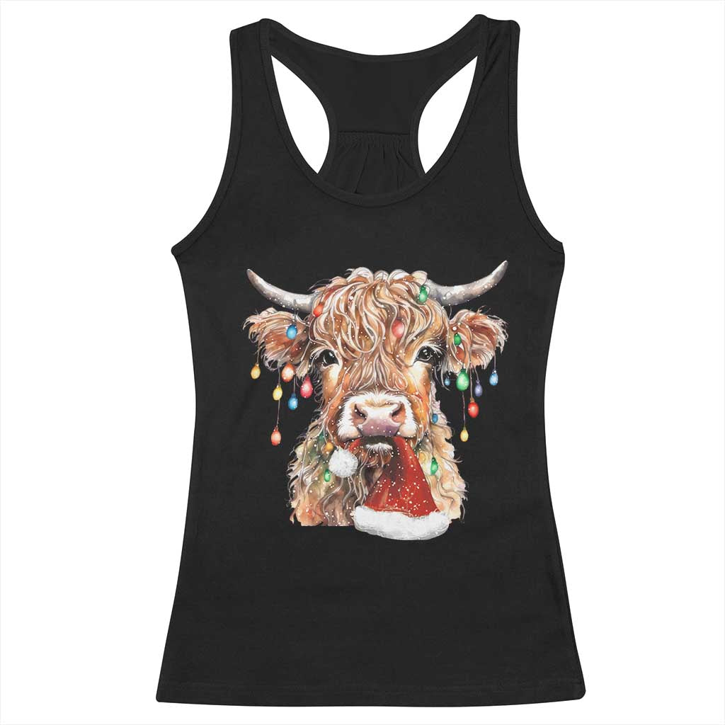 Christmas Cow Racerback Tank Top Highland Cow Lights Santa Hats Farm Xmas TS10 Black Print Your Wear