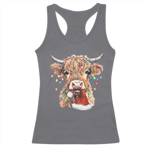 Christmas Cow Racerback Tank Top Highland Cow Lights Santa Hats Farm Xmas TS10 Charcoal Print Your Wear