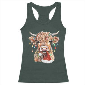Christmas Cow Racerback Tank Top Highland Cow Lights Santa Hats Farm Xmas TS10 Dark Forest Green Print Your Wear