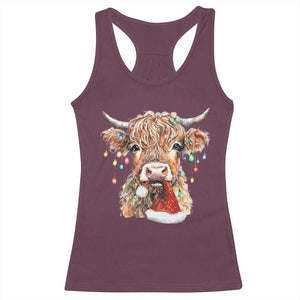 Christmas Cow Racerback Tank Top Highland Cow Lights Santa Hats Farm Xmas TS10 Maroon Print Your Wear