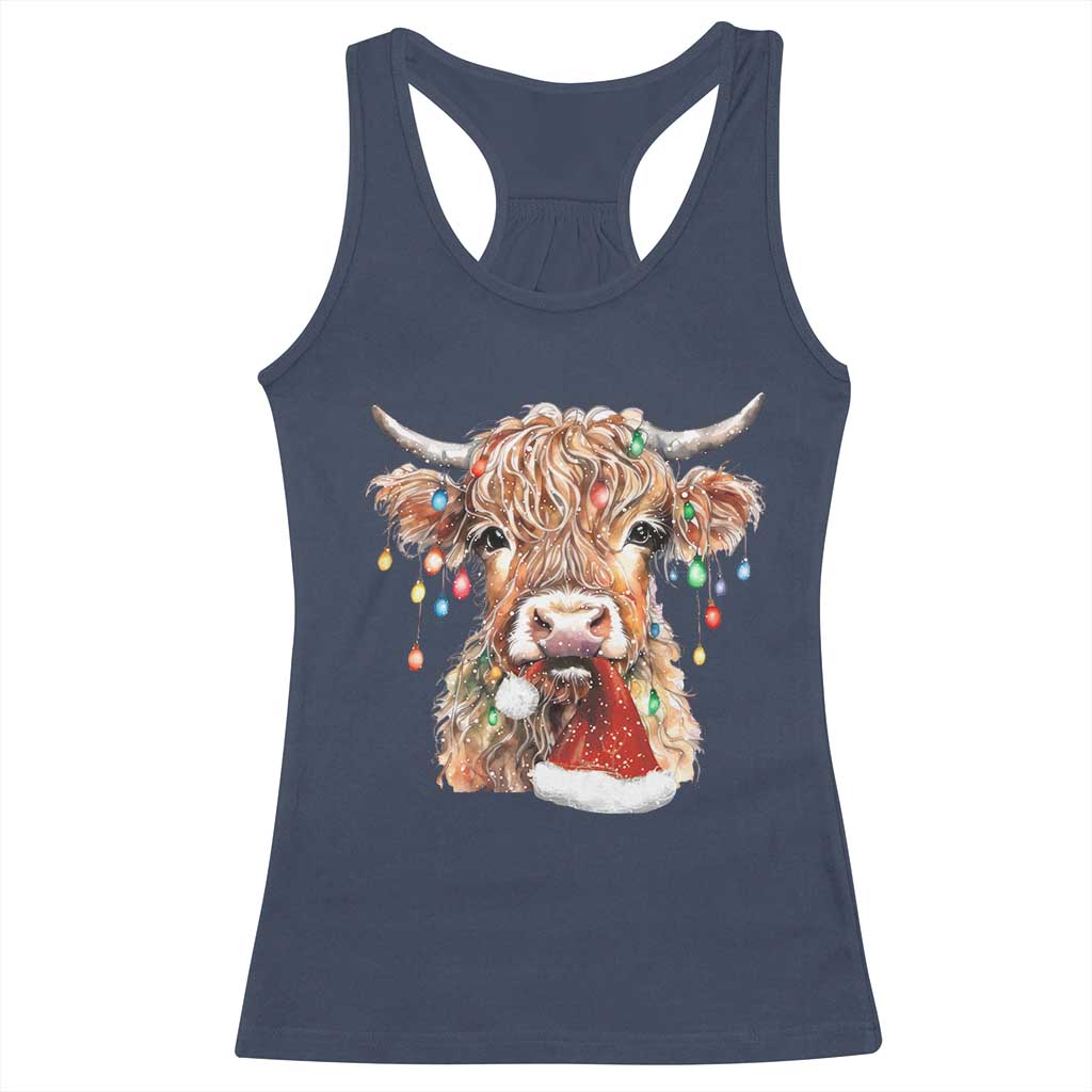 Christmas Cow Racerback Tank Top Highland Cow Lights Santa Hats Farm Xmas TS10 Navy Print Your Wear