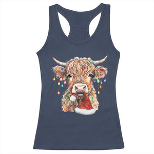 Christmas Cow Racerback Tank Top Highland Cow Lights Santa Hats Farm Xmas TS10 Navy Print Your Wear