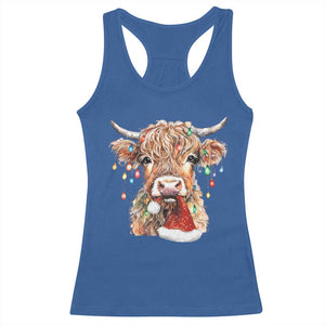 Christmas Cow Racerback Tank Top Highland Cow Lights Santa Hats Farm Xmas TS10 Royal Blue Print Your Wear