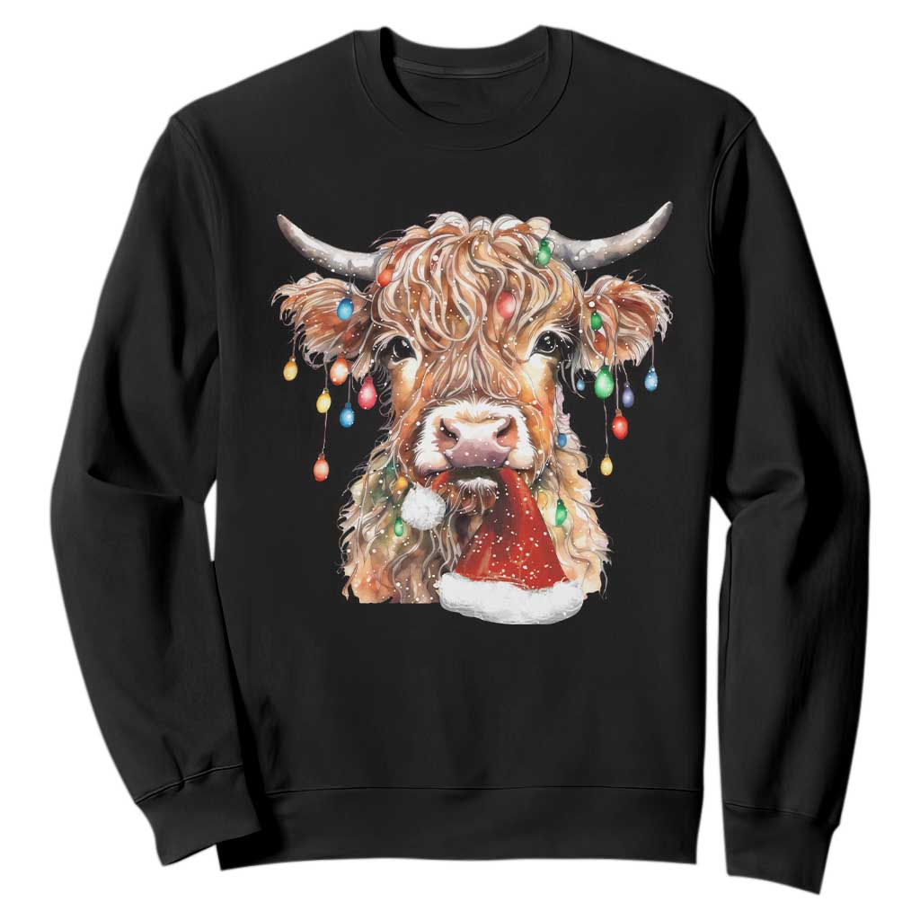 Christmas Cow Sweatshirt Highland Cow Lights Santa Hats Farm Xmas TS10 Black Print Your Wear