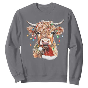 Christmas Cow Sweatshirt Highland Cow Lights Santa Hats Farm Xmas TS10 Charcoal Print Your Wear