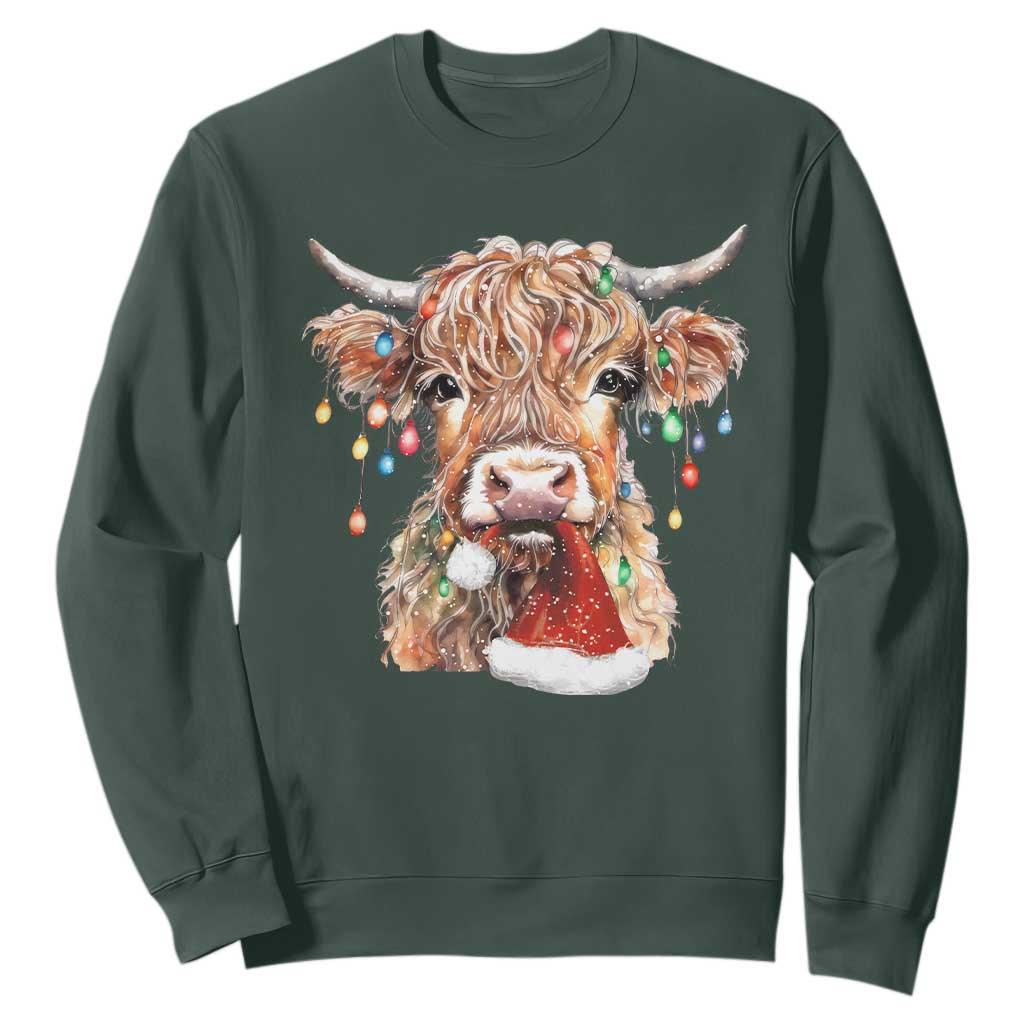 Christmas Cow Sweatshirt Highland Cow Lights Santa Hats Farm Xmas TS10 Dark Forest Green Print Your Wear