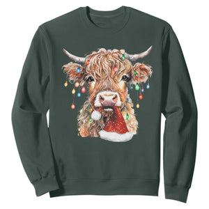 Christmas Cow Sweatshirt Highland Cow Lights Santa Hats Farm Xmas TS10 Dark Forest Green Print Your Wear