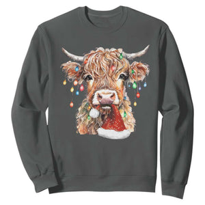 Christmas Cow Sweatshirt Highland Cow Lights Santa Hats Farm Xmas TS10 Dark Heather Print Your Wear