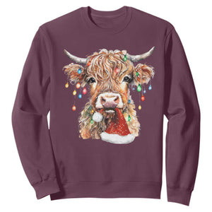 Christmas Cow Sweatshirt Highland Cow Lights Santa Hats Farm Xmas TS10 Maroon Print Your Wear