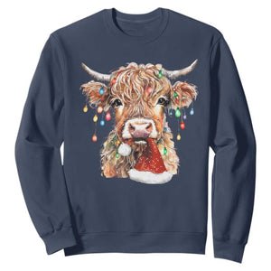 Christmas Cow Sweatshirt Highland Cow Lights Santa Hats Farm Xmas TS10 Navy Print Your Wear