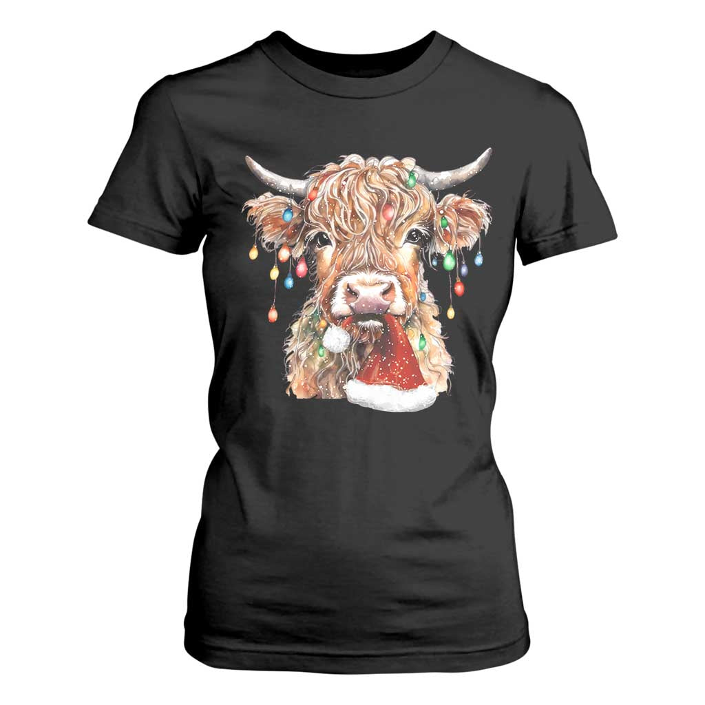 Christmas Cow T Shirt For Women Highland Cow Lights Santa Hats Farm Xmas TS10 Black Print Your Wear