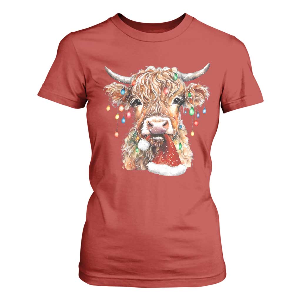 Christmas Cow T Shirt For Women Highland Cow Lights Santa Hats Farm Xmas TS10 Red Print Your Wear