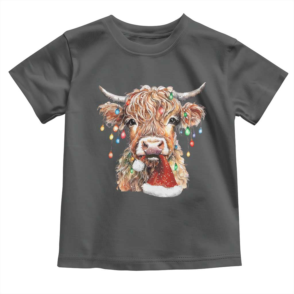 Christmas Cow Toddler T Shirt Highland Cow Lights Santa Hats Farm Xmas TS10 Dark Heather Print Your Wear