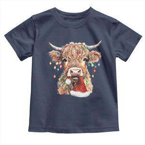 Christmas Cow Toddler T Shirt Highland Cow Lights Santa Hats Farm Xmas TS10 Navy Print Your Wear