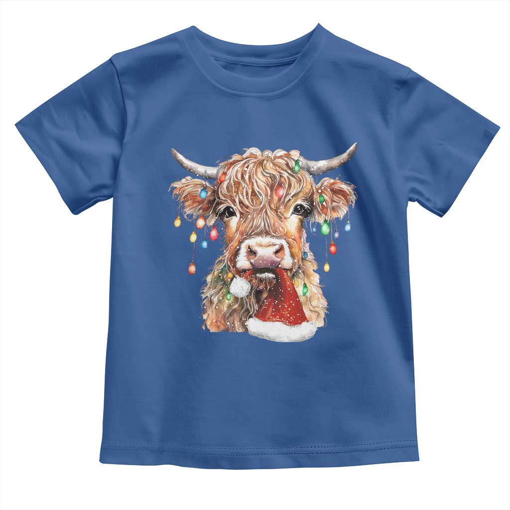 Christmas Cow Toddler T Shirt Highland Cow Lights Santa Hats Farm Xmas TS10 Royal Blue Print Your Wear