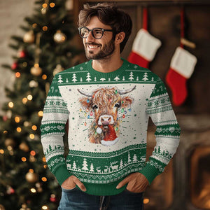 Xmas Cow Ugly Christmas Sweater Highland Cow Lights Santa Hats Farm Xmas TS10 Green Print Your Wear