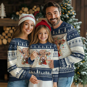 Xmas Cow Ugly Christmas Sweater Highland Cow Lights Santa Hats Farm Xmas TS10 Navy Print Your Wear