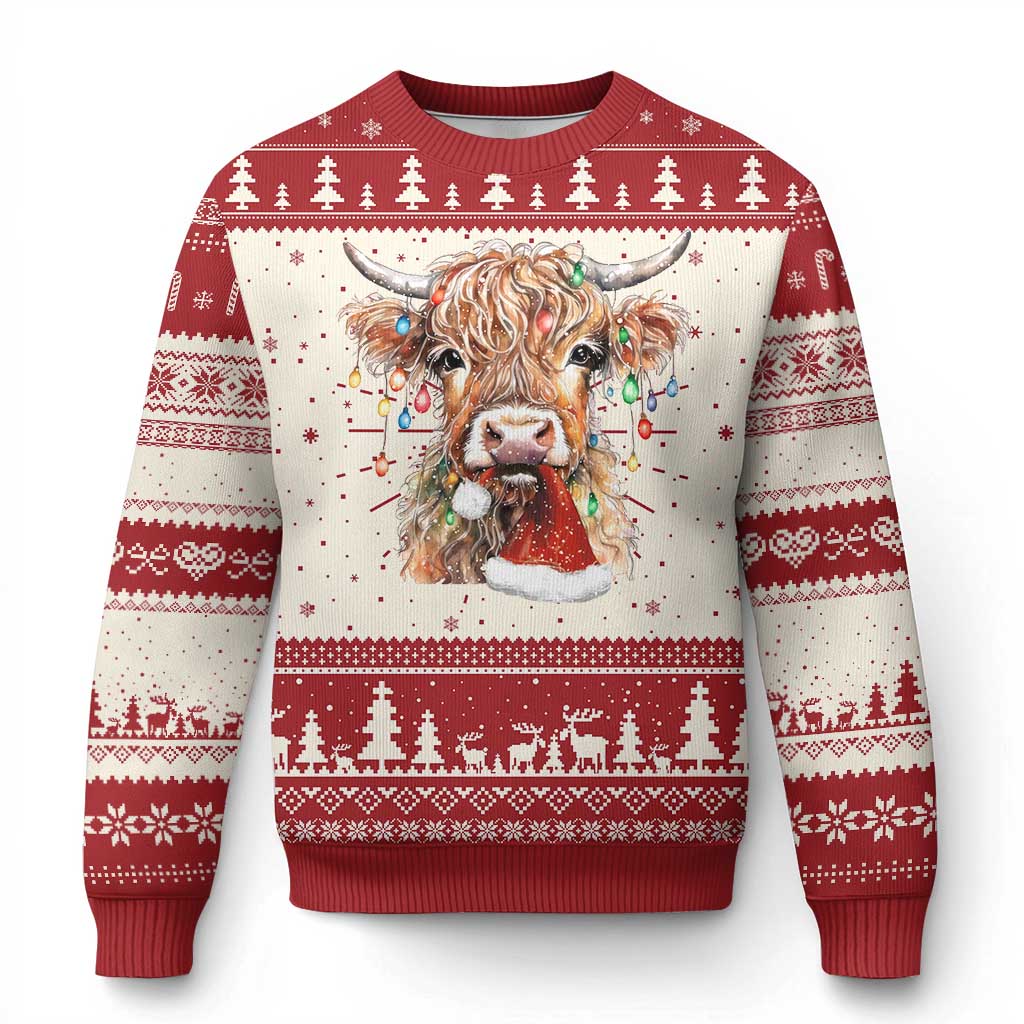 Xmas Cow Ugly Christmas Sweater Highland Cow Lights Santa Hats Farm Xmas TS10 Red Print Your Wear