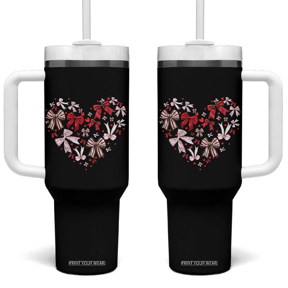Coquette Valentine's Day Heart Bow Tumbler With Handle TS10 One Size: 40 oz Black Print Your Wear