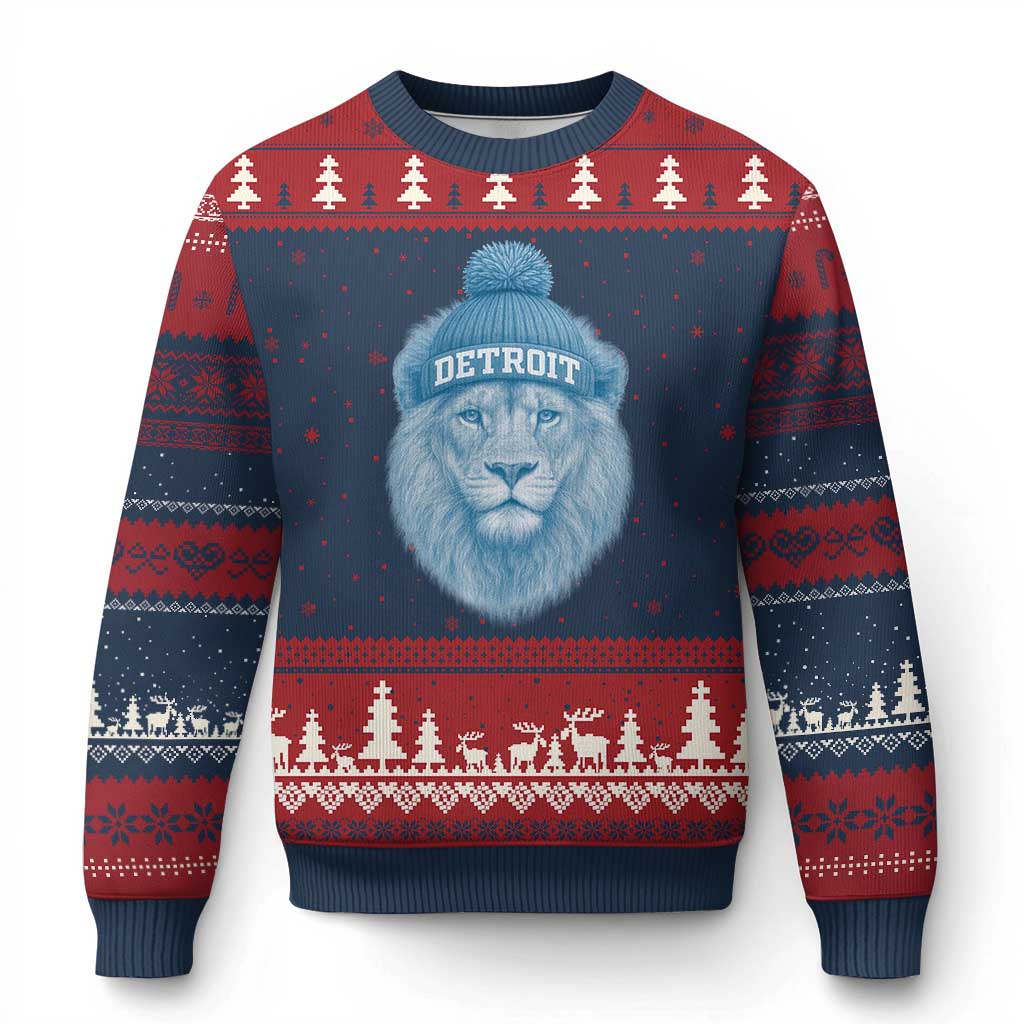 Detroit Football Ugly Christmas Sweater Retro Lions Mascot Sport Fan TS10 Navy Red Print Your Wear
