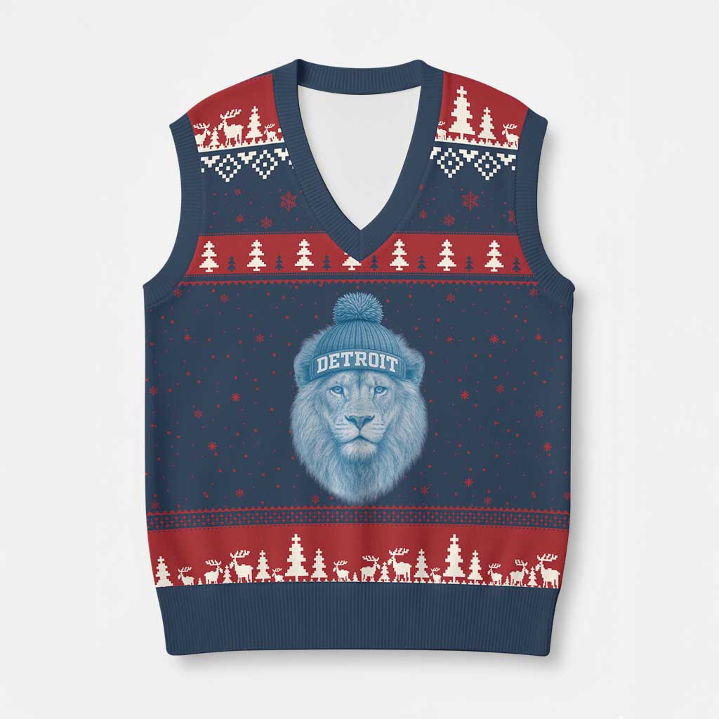 Detroit Football V-Neck Knit Sweater Vest Retro Lions Mascot Sport Fan TS10 Navy Red Print Your Wear